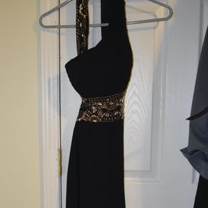 One Shoulder Black Open Back Prom Dress